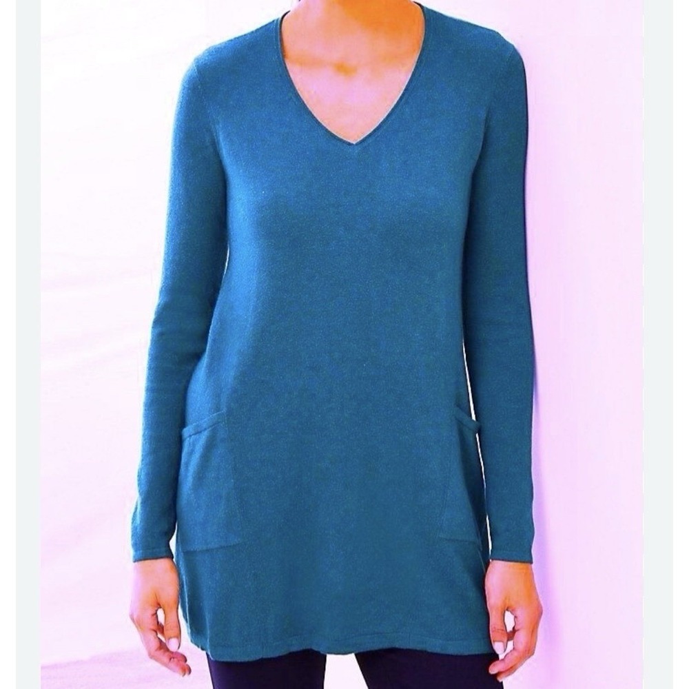 Purejill Women's Tunic Sweater Size Medium Petite Cashmere‎ Blend Pullover Blue